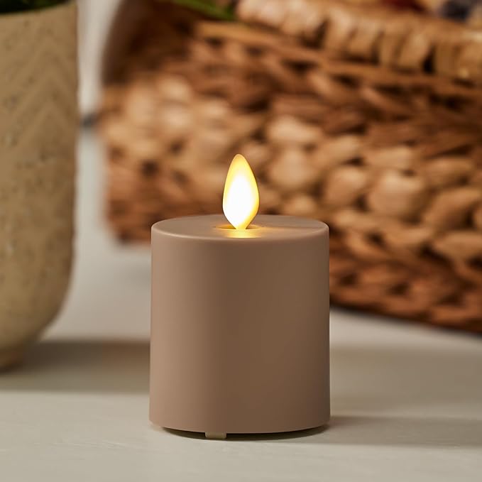 Luminara Outdoor Votive Flameless LED Candle, Timeless Taupe 2" x 3.2", Moving Flame Battery Operated Timer Remote Ready IPX4 Matte Plastic Finish-BloomoryGarden