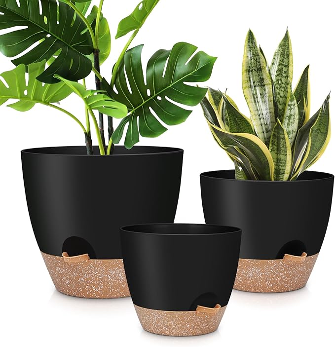 12" 10" 9" Large Self Watering Plant Pots, 3 Pack Flower Pots Planters with Multi Mesh Drainage Holes for Indoor Outdoor Garden Plants and Flowers (Black)-BloomoryGarden