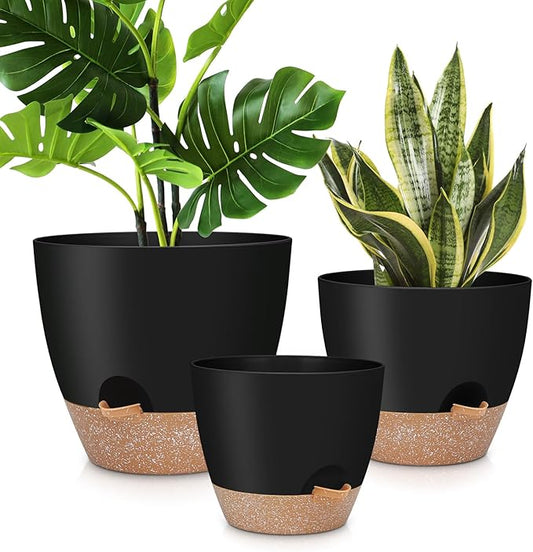 12" 10" 9" Large Self Watering Plant Pots, 3 Pack Flower Pots Planters with Multi Mesh Drainage Holes for Indoor Outdoor Garden Plants and Flowers (Black)-BloomoryGarden