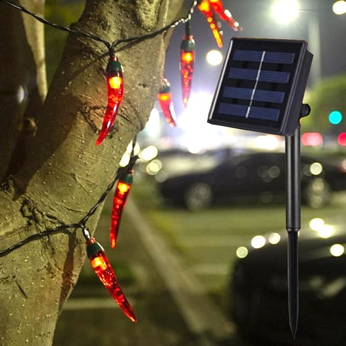 100 LED Chili Shape Fairy String Lights, Solar Operated, Red, 10m Length, Outdoor Use, Wedding, Christmas Decoration-BloomoryGarden