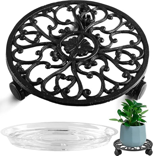 11 Inch Rolling Plant Stand with Wheels Wrought Iron Rolling Plant Stand with Casters Heavy Duty for Indoor Plants Rollers with Plant Saucers, Metal Round Plant Dolly 1 Pack-BloomoryGarden