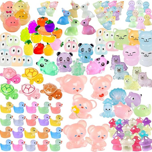 Luminous Mini Resin Animals - 130 Pcs Tiny Animals Mini Ducks Tortoise Rabbit Panda Mushroom Fruits Seashells Set Figurines Glow in The Dark Garden Miniatures Fairy Garden Accessories-BloomoryGarden