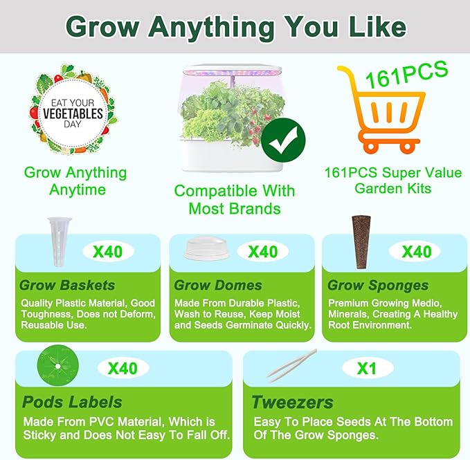 161PCS Hydroponic Pod Kit for Aerogarden and All Brands Growing System, Grow Anything Kit with 40 Grow Sponges, 40 Grow Baskets, 40 Grow Domes, 40 Pod Labels, 1 Tweezer, Herb Garden Planter Indoor Kit-BloomoryGarden
