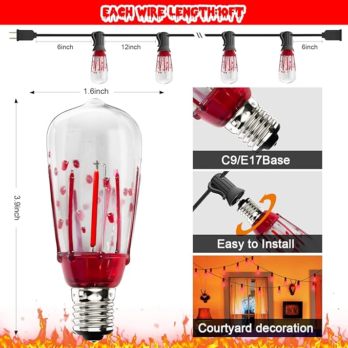 10Ft Halloween LED String Lights Outdoor with 10 ST40 Red Blood Drop Lights, UL Listed Connectable Halloween Patio Lights Set for Indoor Outdoor Backyard Garden Halloween Christmas Party Decor-BloomoryGarden
