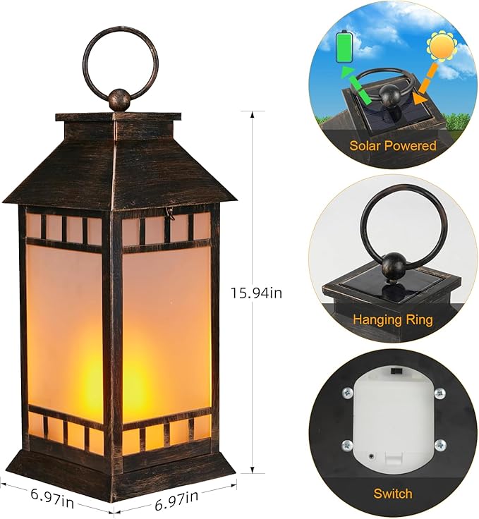 18'' Glass Solar Lantern Outdoor Waterproof, Large Hanging Solar Lanterns with Flickering Flame Lights, Metal Outdoor Lantern Decorative for Patio Garden Backyard Tabletop, Vintage Bronze-BloomoryGarden