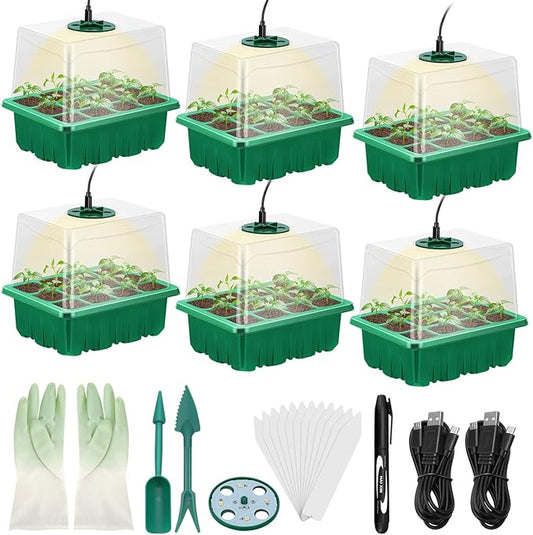 Lunies 6 Packs Seed Starter Tray with Grow Light, Indoor Greenhouse Seeding Starter Trays for Planting, Base Gardening Plant Germination Kit, Seed Starter Kit with Humidity Domes, (12 Cells per Tray)-BloomoryGarden