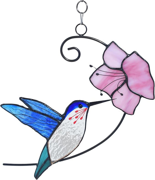 Lolitarcrafts Hummingbird with Flower Stained Glass Suncatcher Bird Stained Glass Window Hangings Hummingbird Gift for Home Decor (Blue with Flower)-BloomoryGarden