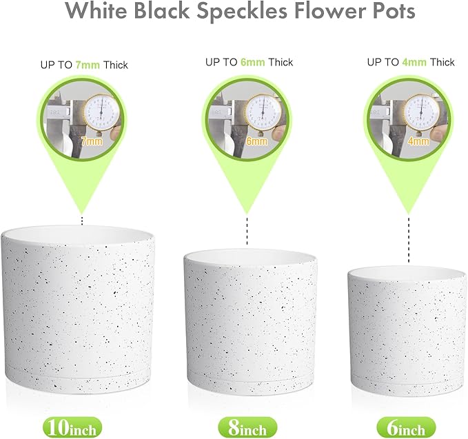 10/8/6 inch Deep Flower Pots, Cylinder Large Plant Pots for Outdoor Indoor Plants, 3 Pack Tall Plastic Planters with Drainage Holes and Saucers for Garden House Plants, Speckled White-BloomoryGarden