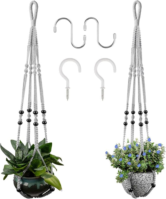 Macrame Plant Hanger for 5 to 10 Inch Plant Pots, Set of 2 Indoor Handmade 35 Inch Woven Rope Hanger Kits with Hooks and Wood Beads, Hanging Planter Basket Holder for Boho Home Decor (Grey, 2 Pack)-BloomoryGarden