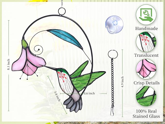 Lolitarcrafts Stained Glass Hummingbird Window Hangings with Flowers, Bird Stained Glass Suncatcher for Window Decor Hummingbird Gifts for Mom,Bird Lovers (Green with Flower A)-BloomoryGarden