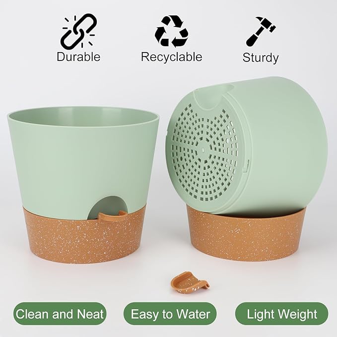 10-Inch Plant Pots, Self-Watering Planters with Drainage Holes & Saucers for Indoor and Outdoor Plants (2-Pack, Green)-BloomoryGarden
