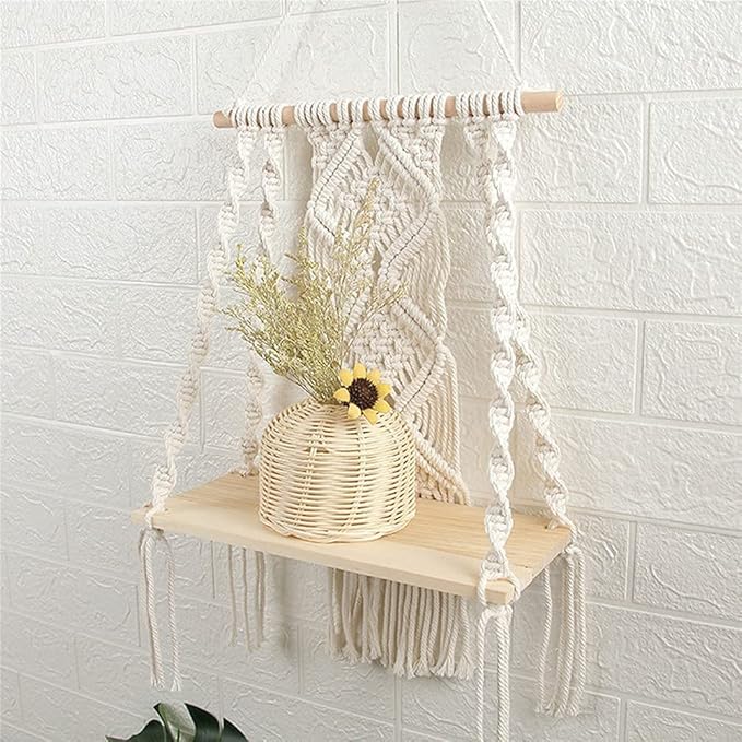 Macrame Wall Hanging Plant Decor Shelf Indoor Outdoor Floating Wood shelve Decorative Hand Made Rope Boho Shelving for Plants-BloomoryGarden