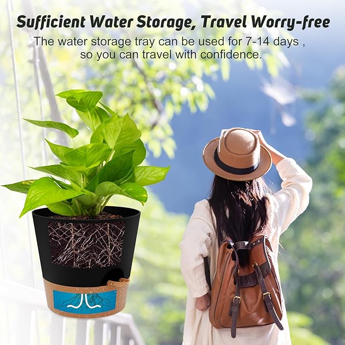 10-Inch Plant Pots, Self-Watering Planters with Drainage Holes & Saucers for Indoor and Outdoor Plants (2-Pack, Black)-BloomoryGarden