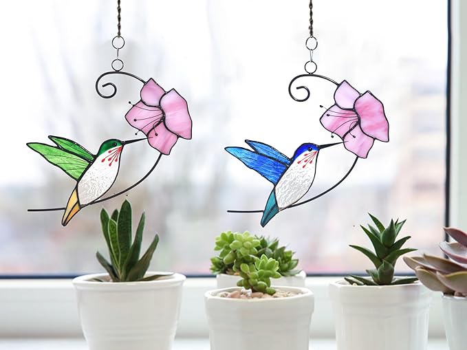 Lolitarcrafts Hummingbird with Flower Stained Glass Suncatcher Bird Stained Glass Window Hangings Hummingbird Gift for Home Decor (Blue with Flower)-BloomoryGarden