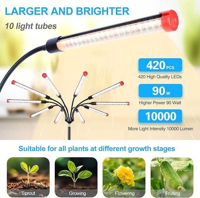 10-Head Grow Lights for Indoor Plants with Stand 90W, LED Plant Grow Light for Tall Houseplants, Bonsai Tree, Full Spectrum Growing Lamp with 4,8,12 Hr Timer, 24"-64" Adjustable Height-BloomoryGarden