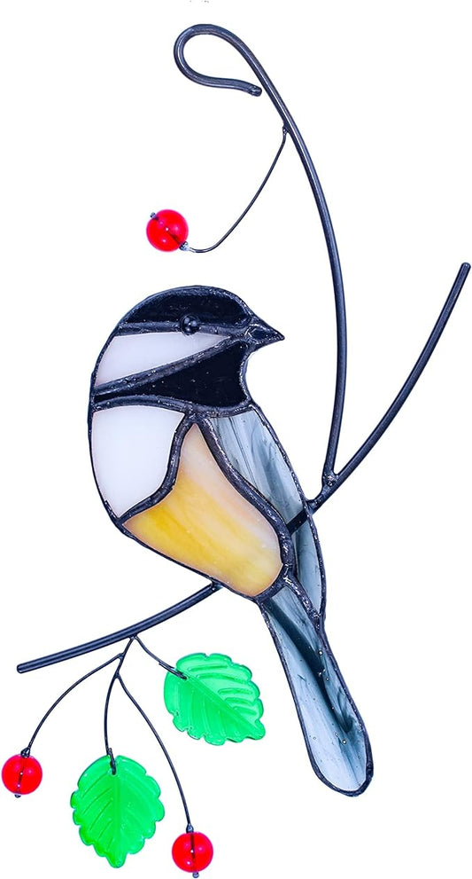 Lolitarcrafts Chickadee Stained Glass Suncatcher Bird Stained Glass Window Hangings for Window Decoration-BloomoryGarden