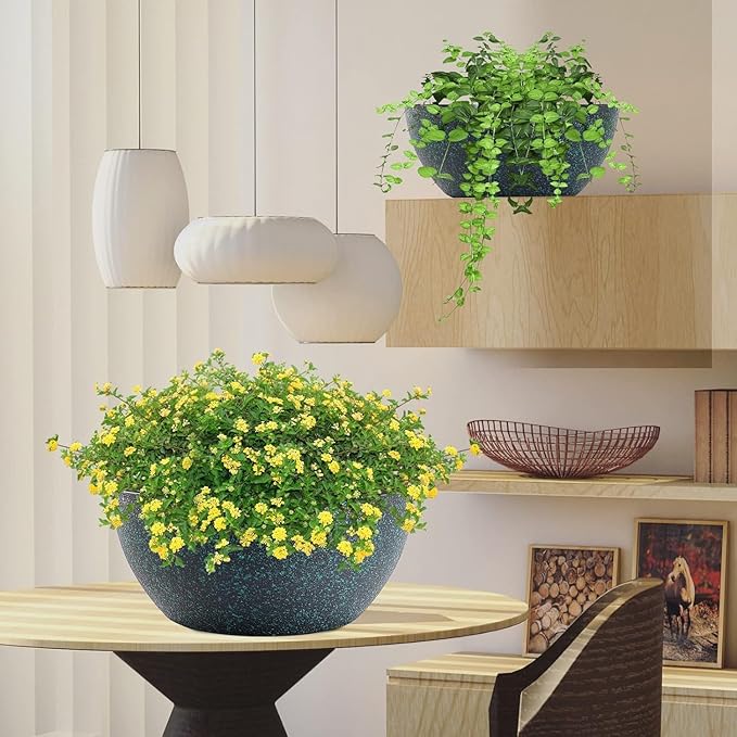 10inch Hanging Planters for Outdoor Indoor Plants with Drainage Holes and Chain, 2 Pack Round Hanging Flower Pots for Garden Home Porch Decor, Black with Green Speckles-BloomoryGarden