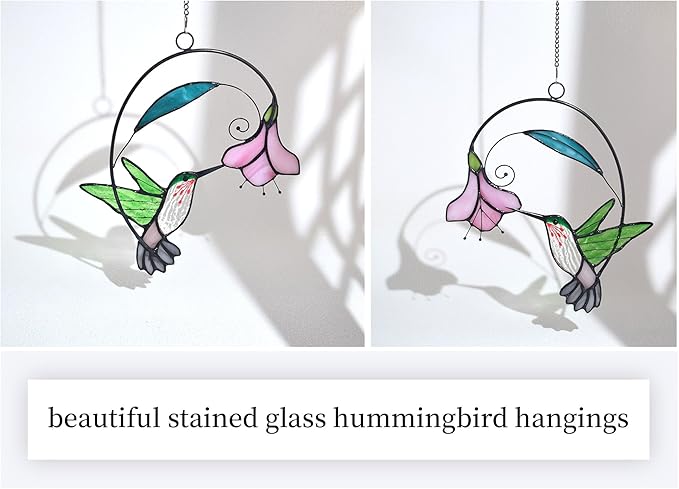 Lolitarcrafts Stained Glass Hummingbird Window Hangings with Flowers, Bird Stained Glass Suncatcher for Window Decor Hummingbird Gifts for Mom,Bird Lovers (Green with Flower A)-BloomoryGarden