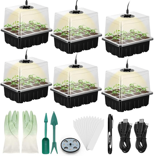Lunies 6 Packs Seed Starter Trays with Grow Light, Seeding Starter Tray with Adjustable Humidity Dome, Base Indoor Greenhouse Germination Kit for Seed Growing Starting(12 Cells per Tray, Black)-BloomoryGarden