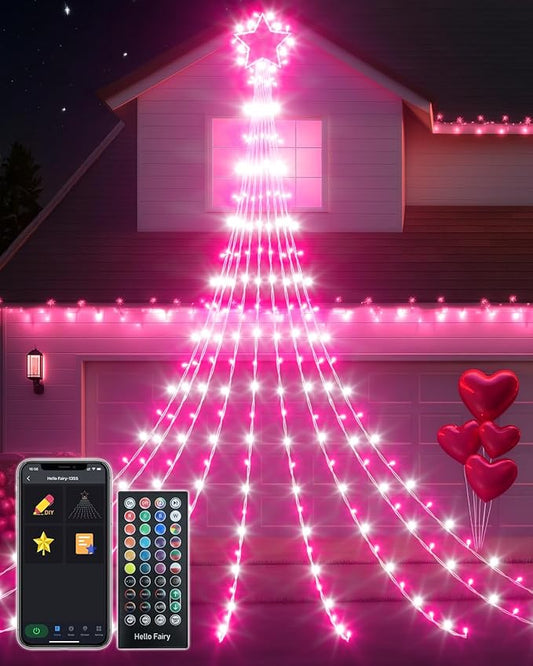 16.5FT Smart Outdoor Christmas Decoration Star String Lights, DIY Color Changing LED Yard Lights App Control Music Sync, Timer, Group Control Waterproof Waterfall Tree Lights for Outside-BloomoryGarden
