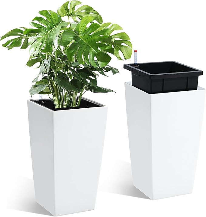 16" Tall Planters Set of 2, Outdoor＆Indoor Black Planter Pots, High Front Porch Planter Pots with Drainage Holes＆Water Level Monitor＆Inner Bucket, Automatic Watering,White-BloomoryGarden