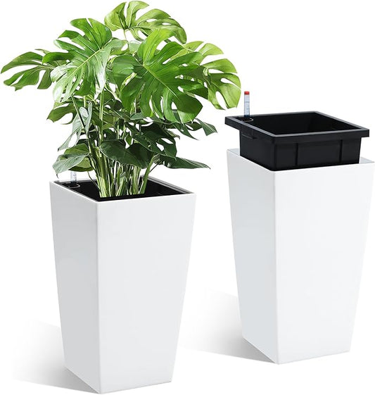 16" Tall Planters Set of 2, Outdoor＆Indoor Black Planter Pots, High Front Porch Planter Pots with Drainage Holes＆Water Level Monitor＆Inner Bucket, Automatic Watering,White-BloomoryGarden