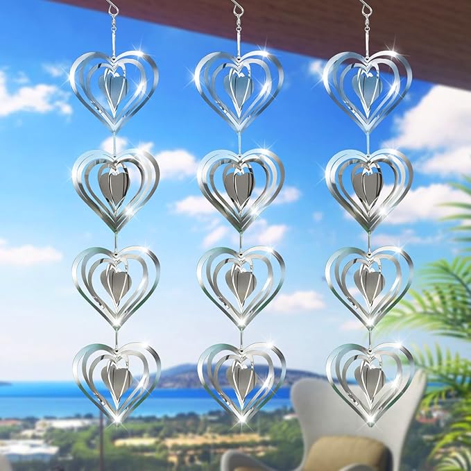 12 Metal Heart Bird Scarer Discs Set, Wind Spinners 3D Helix Reflector Stainless Steel Sparkly Outdoor Garden Decor, Scare Birds & Animals Away from Garden Yard Patio Lawn Farm Wind Sculpture Gifts-BloomoryGarden