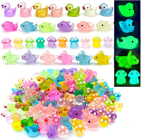 148Pcs Luminous Mini Resin Animals, Tiny Ducks Glow in The Dark Dolphins Dinosaurs Mushrooms 4 Combination Resin Set, Miniature Figures for Garden Decoration Aquarium Home Party Decor-BloomoryGarden