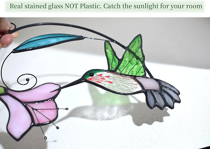 Lolitarcrafts Stained Glass Hummingbird Window Hangings with Flowers, Bird Stained Glass Suncatcher for Window Decor Hummingbird Gifts for Mom,Bird Lovers (Green with Flower A)-BloomoryGarden