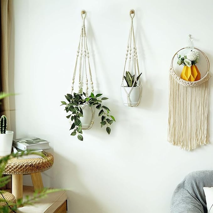 Macrame Plant Hangers with Pots and Saucers, 3 Pack Hanging Planters for Indoor Plants Hanging Plant Holders with Hooks 34" / 26" / 20"-BloomoryGarden
