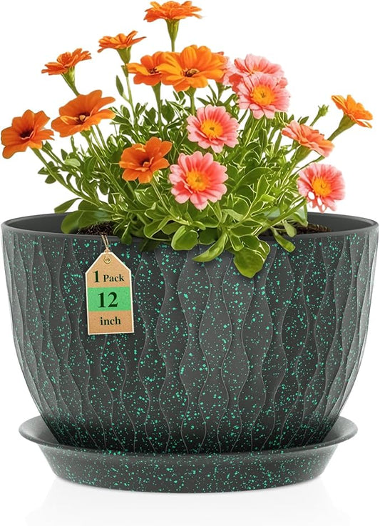 12 Inch Wide Water Ripples Flower Pots for Indoor or Outdoor Plants, Large Plant Pots with Drainage Holes & Saucer, Plastic Planters Set for Garden & Home Decor (Black with Green Speckles)-BloomoryGarden