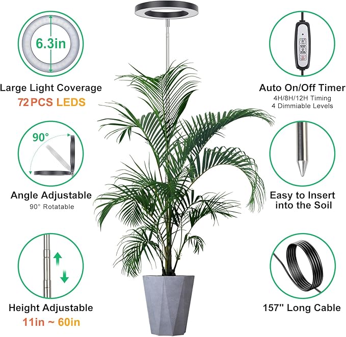 LORDEM Plant Grow Light, Full Spectrum Plant Light for Indoor Plants, Brightness Adjustable LED Growing Lamp with Auto On/Off Timer 4H/8H/12H, Height Adjustable, 2 Packs of Black-BloomoryGarden