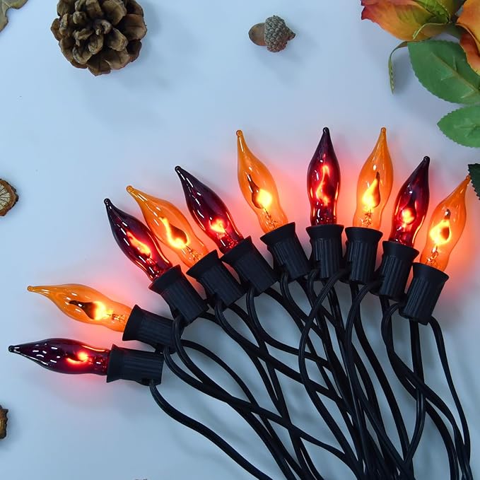 12.8Ft Halloween Decorations - Indoor/Outdoor Flickering Flame String Lights, Orange & Purple, 12 Pack C7 Flame Lights Bulbs-BloomoryGarden
