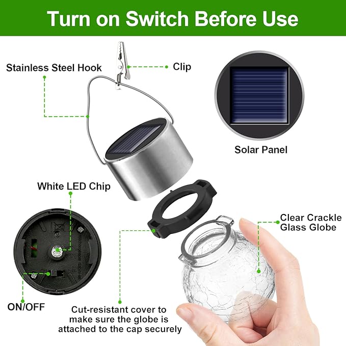 12 Pack Hanging Solar Lights Outdoor Decorative, Waterproof Solar Globe Lantern with Handle and Clip, Solar Powered Cracked Glass Ball Lights for Garden Yard Patio, Fence Tree Umbrella, Holiday Decor-BloomoryGarden