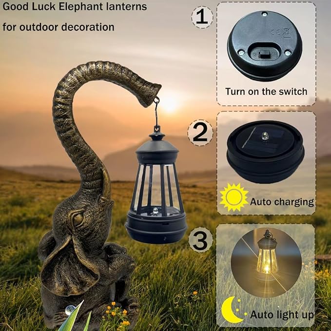 10.6 Inch Statue Elephant with Solar Outdoor Lights for Garden Decor，Lucky Present with Appeal For Birthdays(Man and Women and family)， Unique Housewarming Presents and Yard Decoration. (black)-BloomoryGarden