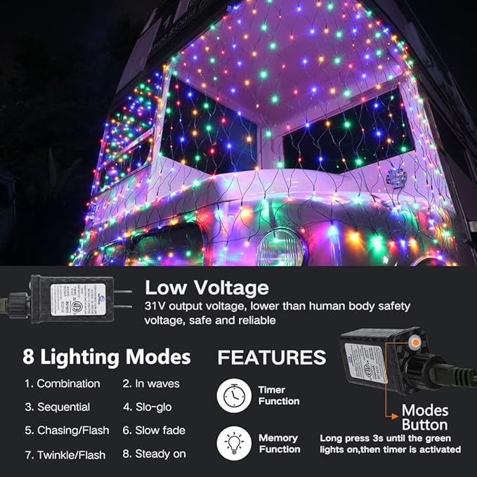 Lomotech 12ft x 5ft 360 LED Christmas Net Lights, 8 Modes Waterproof With Timer Low Voltage Connectable Mesh Lights for Trees, Bushes, Shurb, Garden, Outdoor Decoration(Green Wire, Multi-colored)-BloomoryGarden