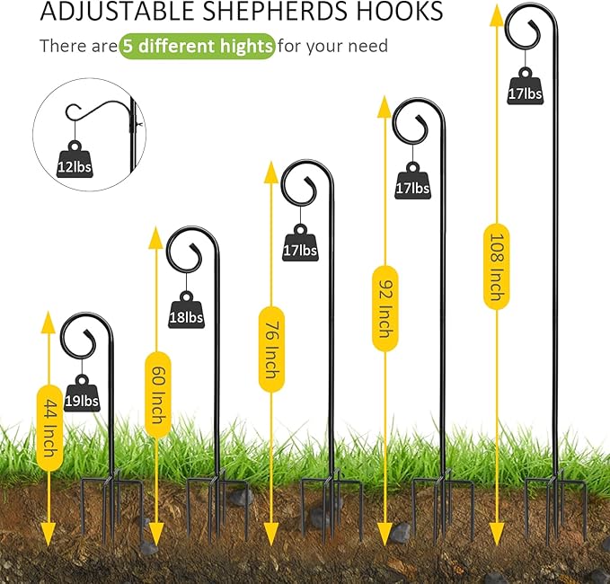 108 Inch Shepherds Hooks for Outdoor 2 Pack, Bird Feeder Poles with 4 Hooks, Shepherds Hook for Bird Feeders Outside with Base, Garden Pole for Hanging Plant Baskets, Weddings Decor (108 Inch)-BloomoryGarden