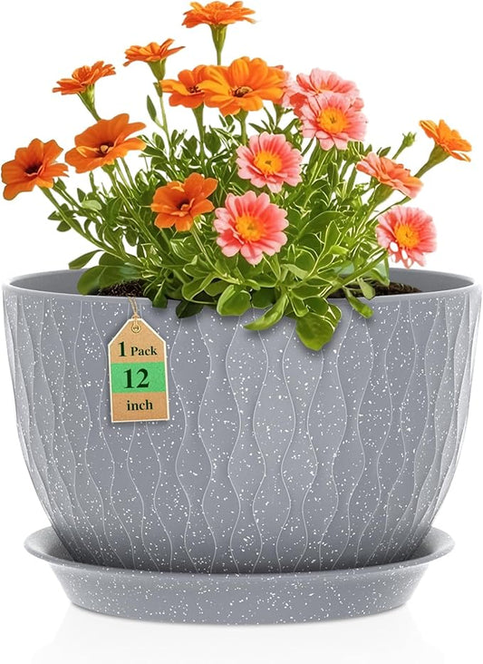 12 Inch Wide Water Ripples Flower Pots for Indoor or Outdoor Plants, Large Plant Pots with Drainage Holes & Saucer, Plastic Planters Set for Garden & Home Decor (Grey with White Speckles)-BloomoryGarden