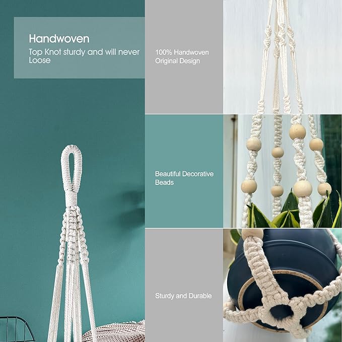 Macrame Plant Hanger for 5 to 10 Inch Plant Pots, Set of 2 Indoor Handmade 35 Inch Woven Rope Hanger Kits with Hooks and Wood Beads, Hanging Planter Basket Holder for Boho Home Decor (White, 2 Pack)-BloomoryGarden