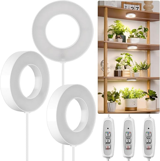 LORDEM Grow Light for Indoor Plants, 48 LEDs Ceiling Full Spectrum Plant Light, 5V Corded Growing Lamp with 4/8/12H Auto Switch, 4 Dimmable Brightness Levels, Single-Head, 3 Pack-BloomoryGarden