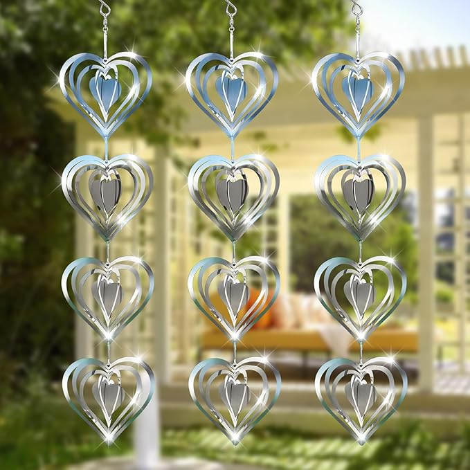 12 Metal Heart Bird Scarer Discs Set, Wind Spinners 3D Helix Reflector Stainless Steel Sparkly Outdoor Garden Decor, Scare Birds & Animals Away from Garden Yard Patio Lawn Farm Wind Sculpture Gifts-BloomoryGarden