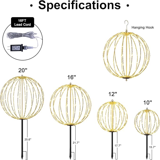 Hotelstar 96LED Foldable Light Sphere - 12IN Hanging, Pathway & Tree Light with Hook & Stake for Outdoor Garden, UL Listed, White Metal Frame, Warm White Light