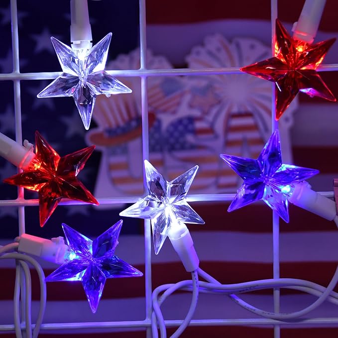 100 LED Red White and Blue Star Lights, 37FT 4th of July Star String Lights Plug in for Home Patio Garden Yard Memorial Day Independence Day Patriotic Decorations Outdoor, White Wire-BloomoryGarden