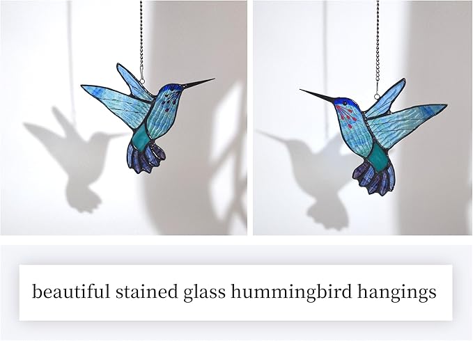 Lolitarcrafts Stained Glass Hummingbird Window Hangings with Flowers, Bird Stained Glass Suncatcher for Window Decor Hummingbird Gifts for Mom,Bird Lovers (Blue A)-BloomoryGarden