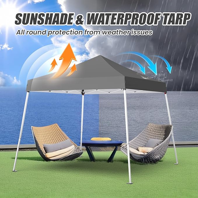 10x10 Pop Up Canopy, 300D Silver Coated Grey Fabric Outdoor Gazebo, Beach Tent Slant Legs with Storage Bag,Easy Up Sun Shade Shelter Tents with 8x8 Top Cover for Patio,Party-BloomoryGarden