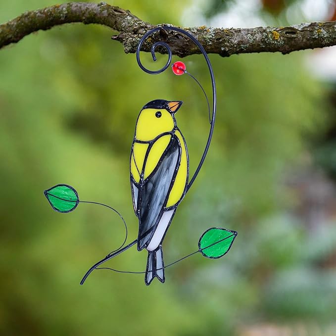 Lolitarcrafts Goldfinch Stained Glass Window Hangings Bird Suncathers for Window-BloomoryGarden