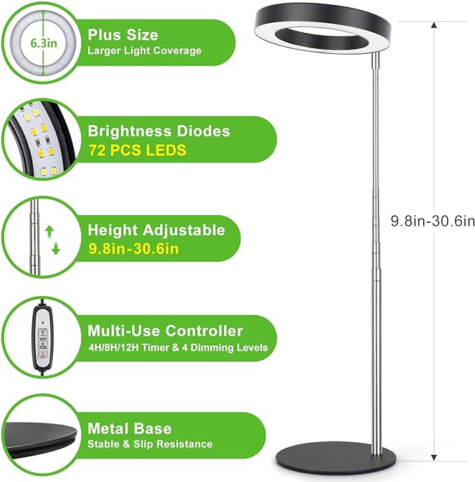 LORDEM Grow Light, LED Plant Light for Indoor Plants Growing, Full Spectrum Desk Growth Lamp with Automatic Timer for 4H/8H/12H, 4 Dimmable Levels, Height Adjustable 9.8"-30.6", Black-BloomoryGarden