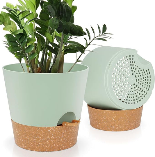 10-Inch Plant Pots, Self-Watering Planters with Drainage Holes & Saucers for Indoor and Outdoor Plants (2-Pack, Green)-BloomoryGarden