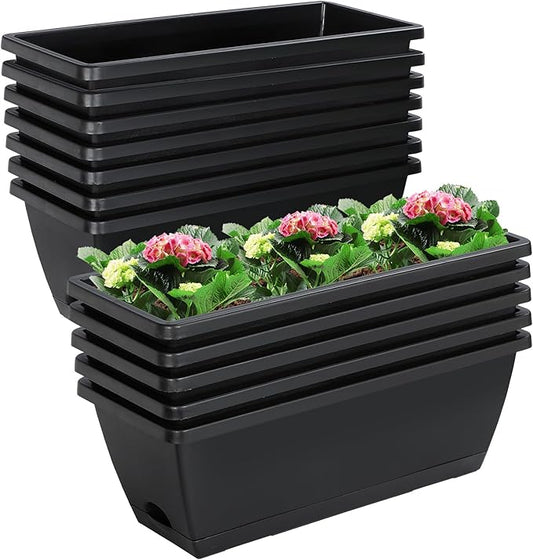 12Pcs 17Inches Rectangle Planter Box with Drainage Holes and Trays Plastic Planters Flower Boxes Pots for Indoor Outdoor Plants Patio Garden Home Decor Porch Yard (Black)-BloomoryGarden