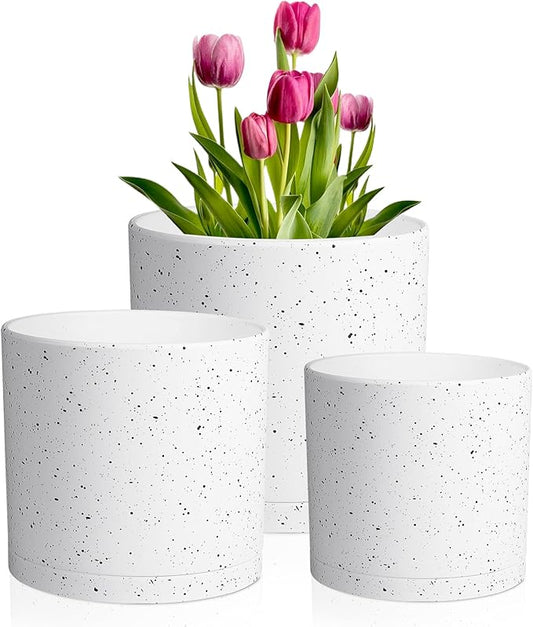10/8/6 inch Deep Flower Pots, Cylinder Large Plant Pots for Outdoor Indoor Plants, 3 Pack Tall Plastic Planters with Drainage Holes and Saucers for Garden House Plants, Speckled White-BloomoryGarden